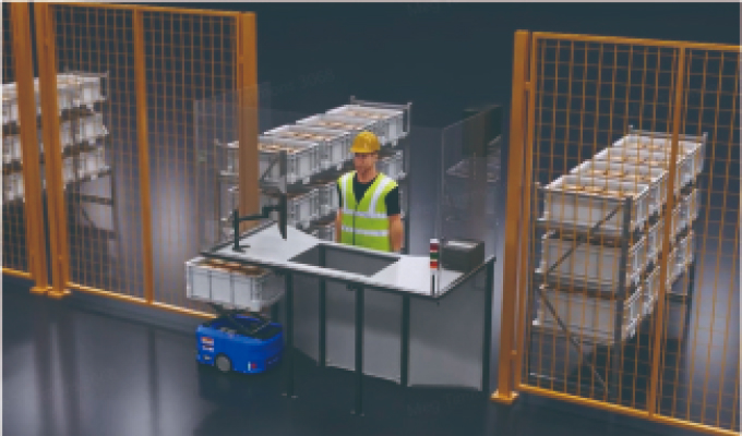 AGVがトートを運び、デスクトップ・ワークステーションのオペレーターがピッキングしやすい高さまでトートを上昇させます。