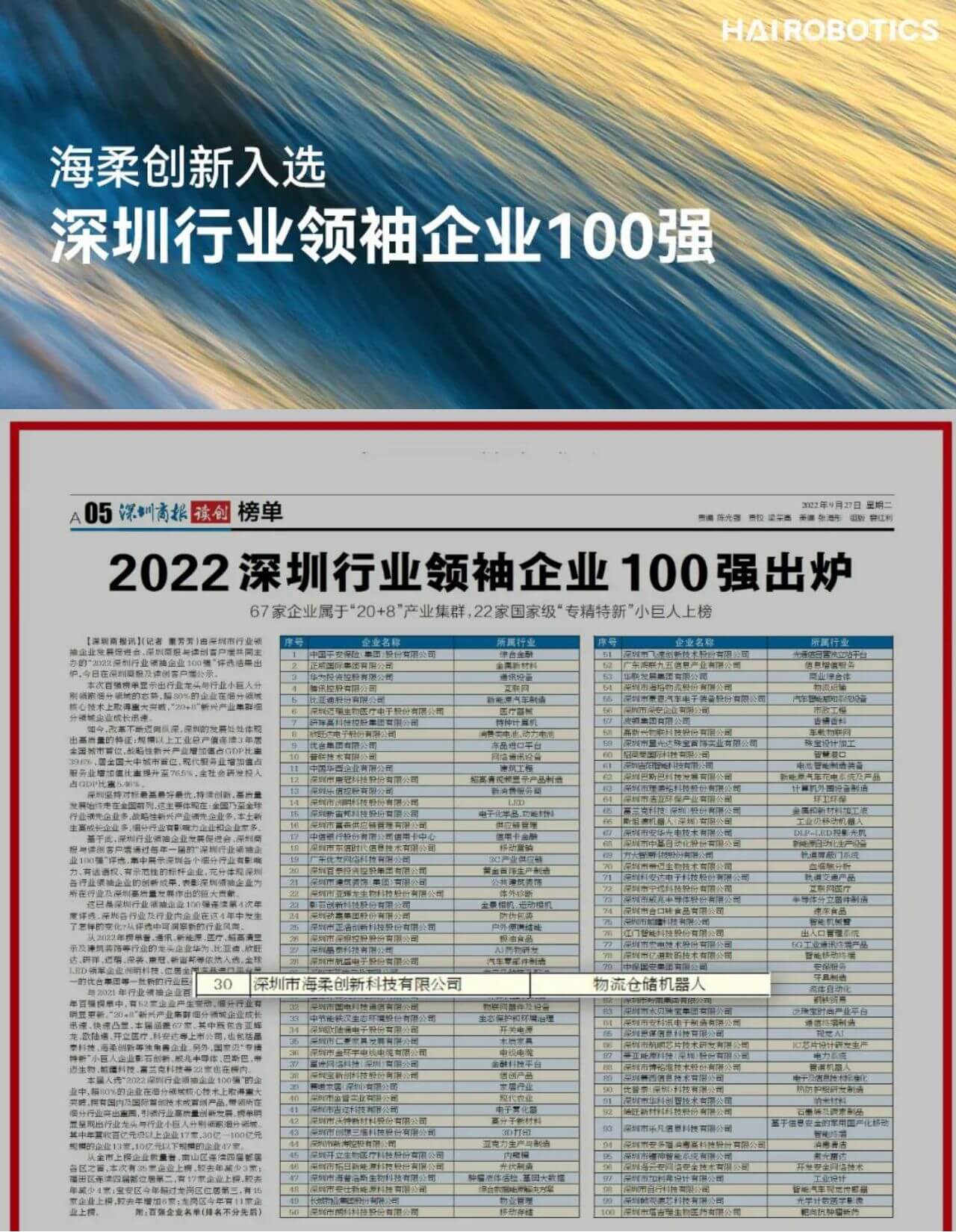 “2022深圳行业领袖企业100强”评选结果
